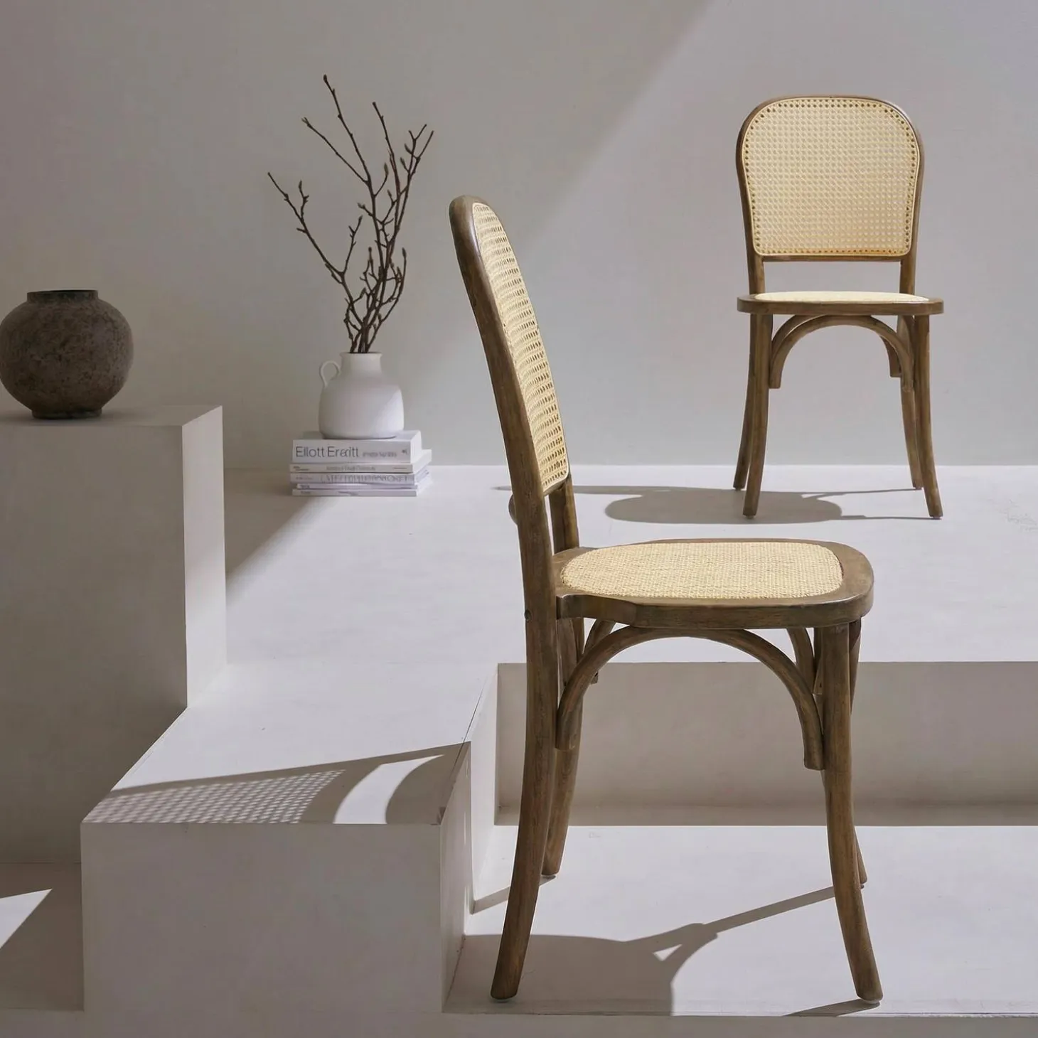 Silla vintage de madera y ratán, set de 2