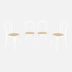 Silla vintage de madera y ratán, set de 4