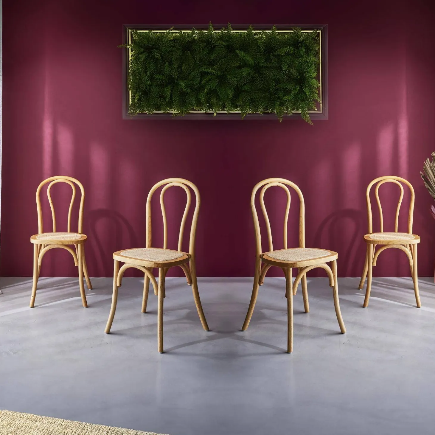 Silla vintage de madera y ratán, set de 4