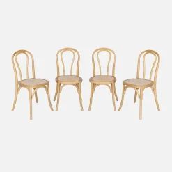 Silla vintage de madera y ratán, set de 4