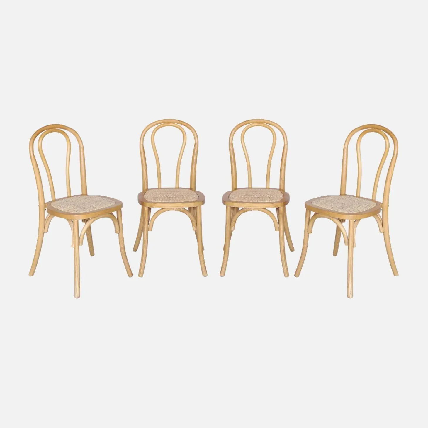 Silla vintage de madera y ratán, set de 4