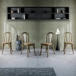 Silla vintage de madera y ratán, set de 4