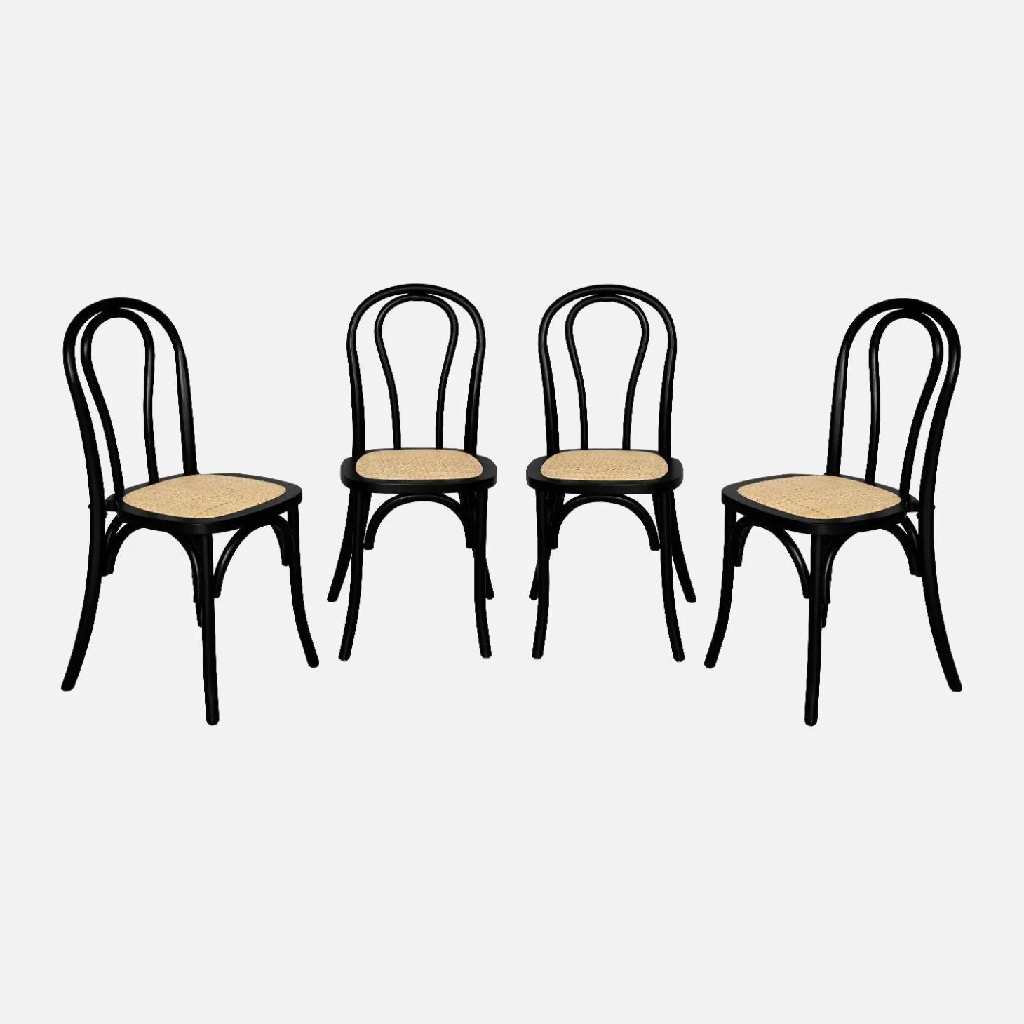 Silla vintage de madera y ratán, set de 4
