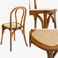 Silla vintage de madera y ratán, set de 4