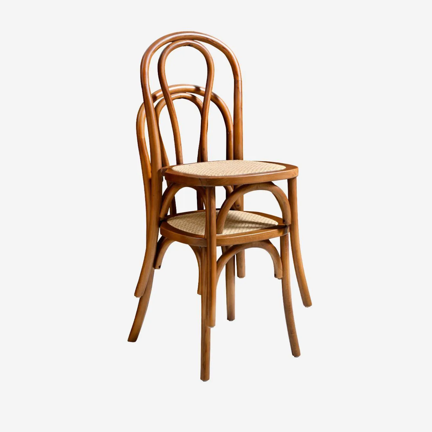 Silla vintage de madera y ratán, set de 4