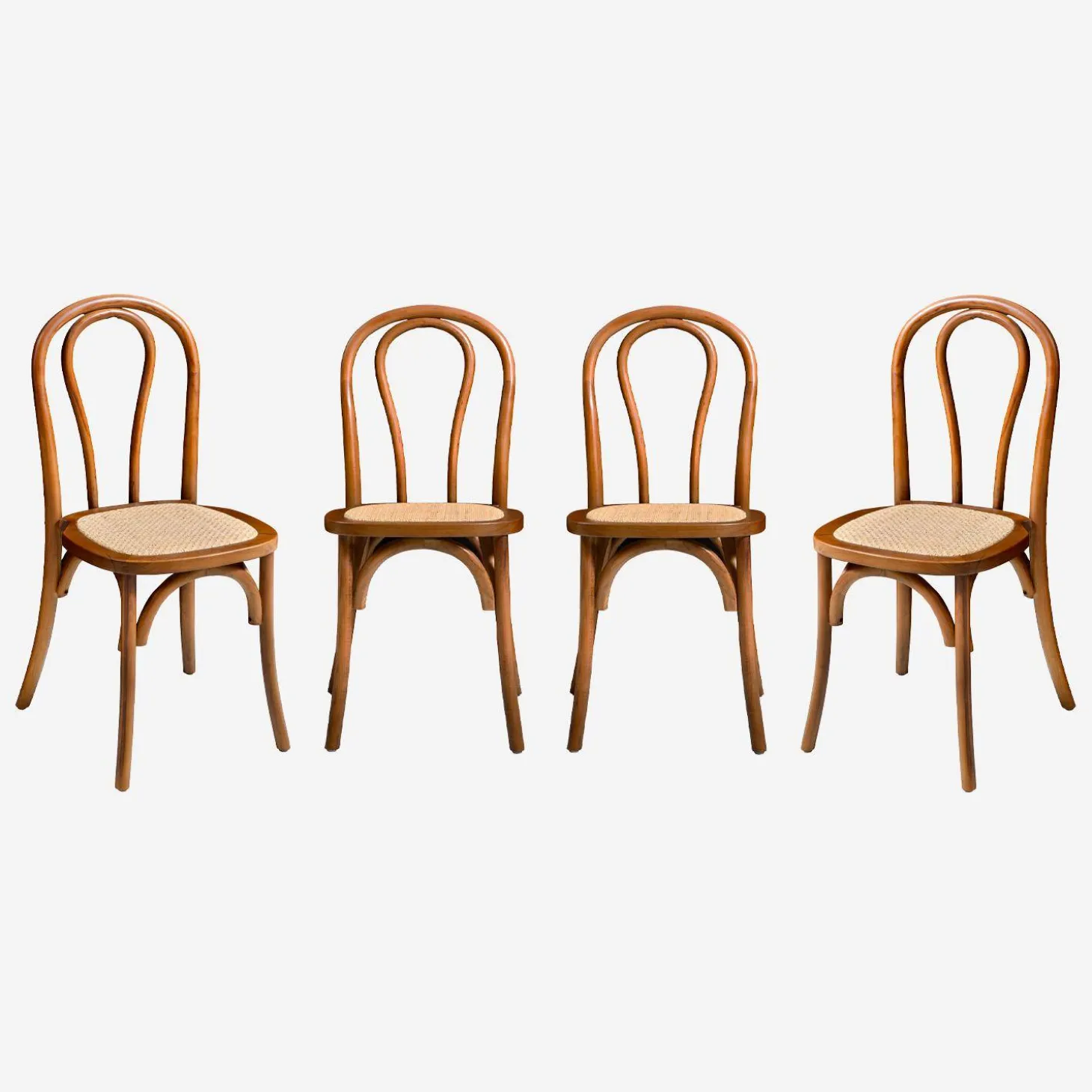 Silla vintage de madera y ratán, set de 4