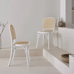Silla vintage de madera y ratán, set de 2