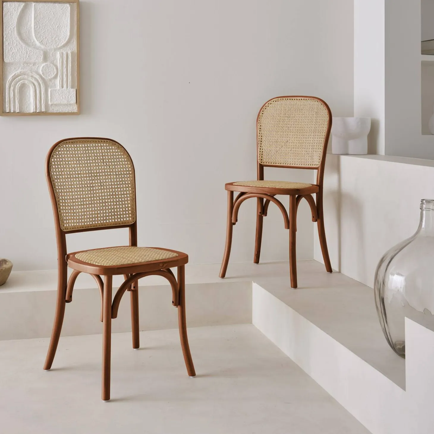 Silla vintage de madera y ratán, set de 2