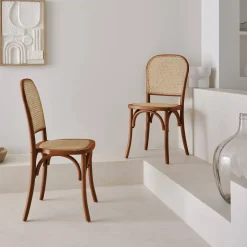 Silla vintage de madera y ratán, set de 2