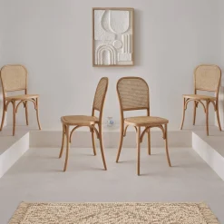 Sillas de madera y ratán vintage, set de 4