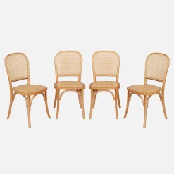 Sillas de madera y ratán vintage, set de 4