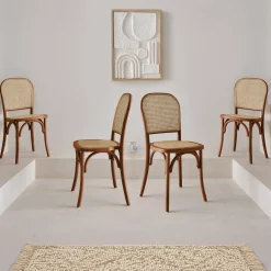 Sillas de madera y ratán vintage, set de 4