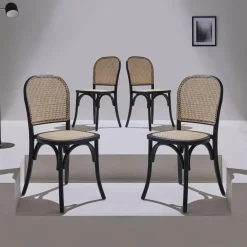 Sillas de madera y ratán vintage, set de 4