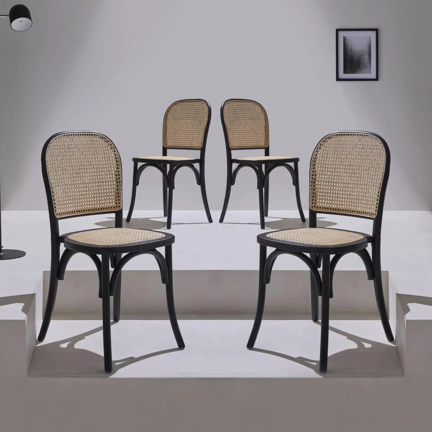 Sillas de madera y ratán vintage, set de 4