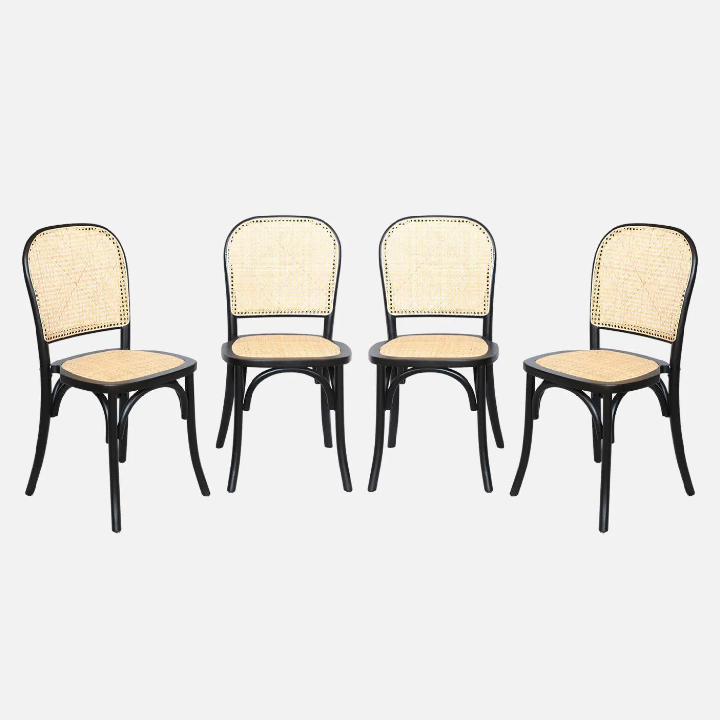 Sillas de madera y ratán vintage, set de 4