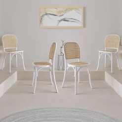 Sillas de madera y ratán vintage, set de 4