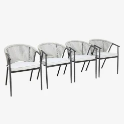 Sillón de jardín apilable de acero y cuerdas, set de 4