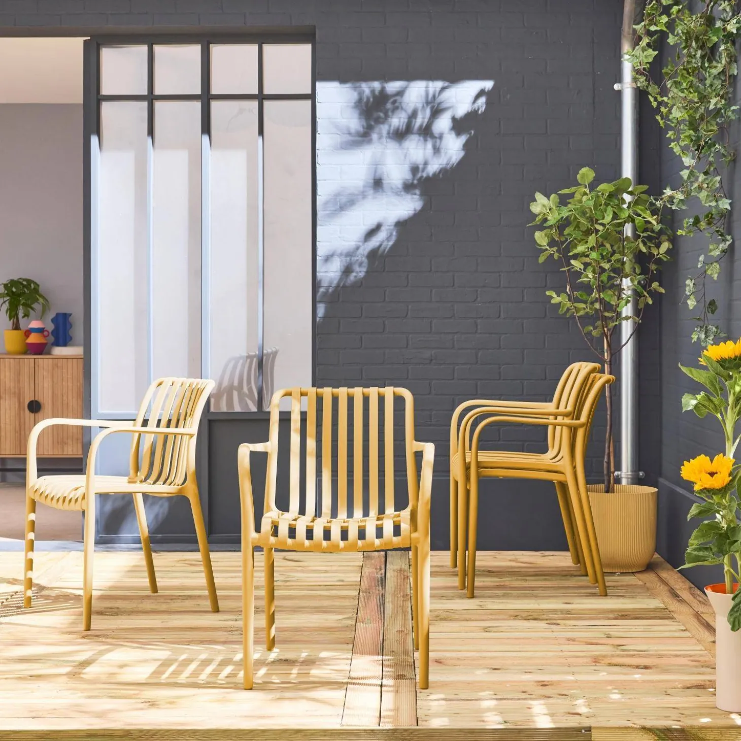 Sillón de jardín con diseño lineal, set de 4
