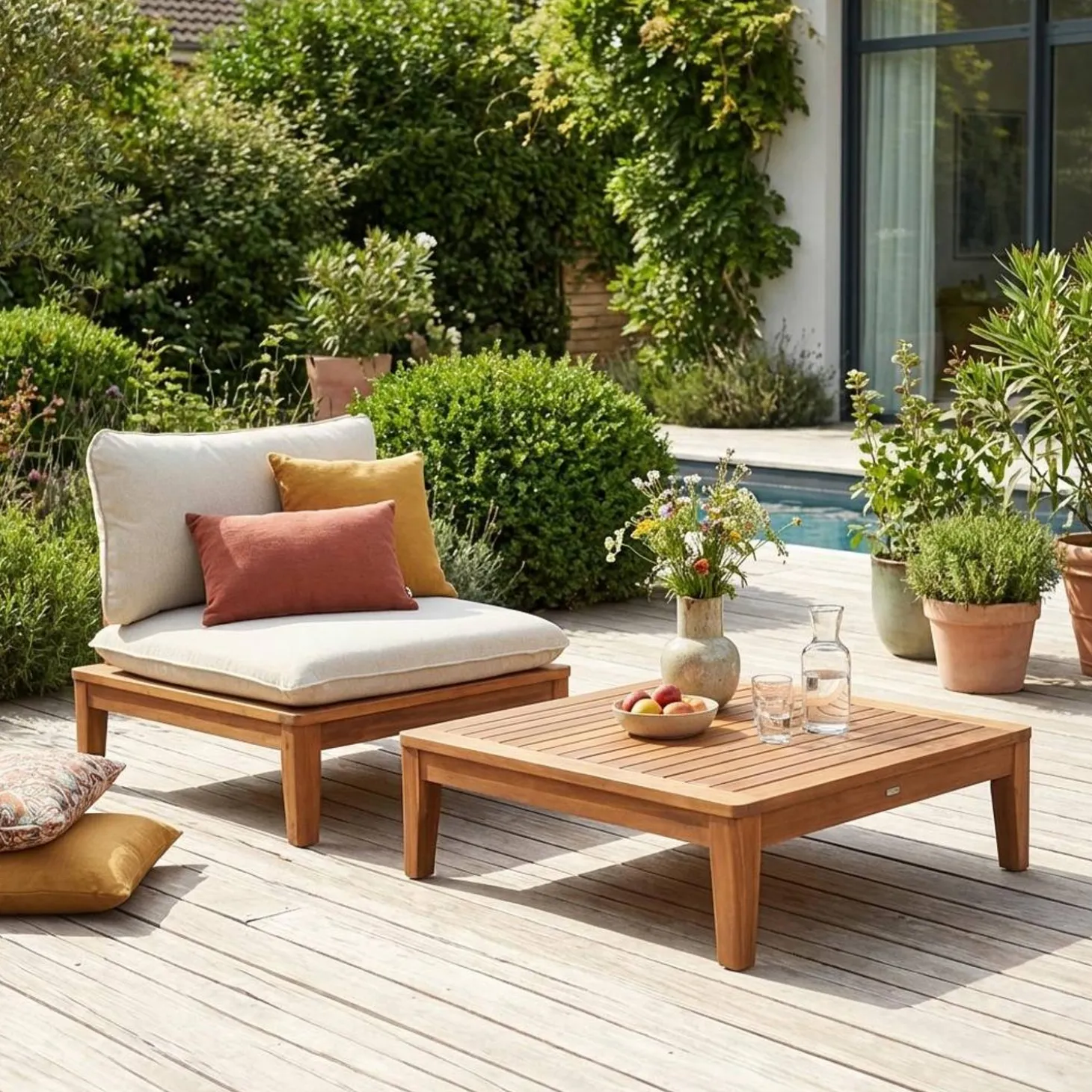Sillón de jardín con mesa baja de madera de acacia y borreguito