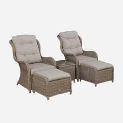 Sillón de jardín con reposapiés de resina trenzada, set de 2