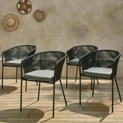 Sillón de jardín de cuerda y acero galvanizado, set de 4