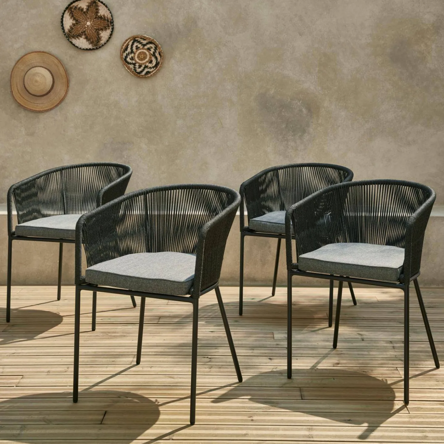 Sillón de jardín de cuerda y acero galvanizado, set de 4