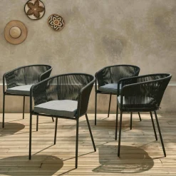 Sillón de jardín de cuerda y acero galvanizado, set de 4