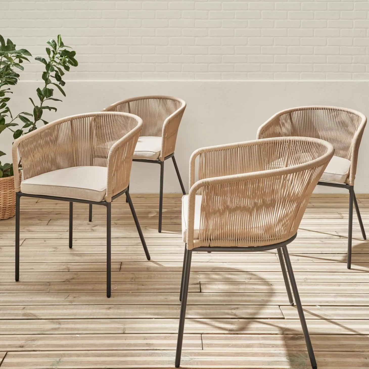 Sillón de jardín de cuerda y acero galvanizado, set de 4