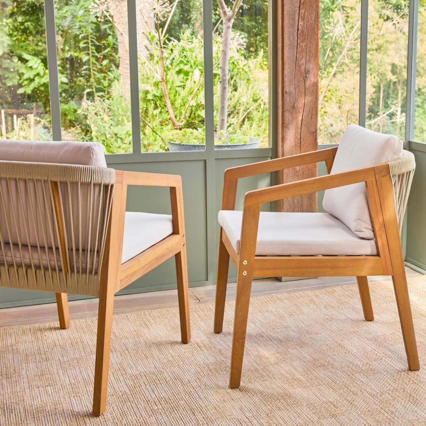 Sillón de jardín de madera de acacia con cuerdas, set de 2