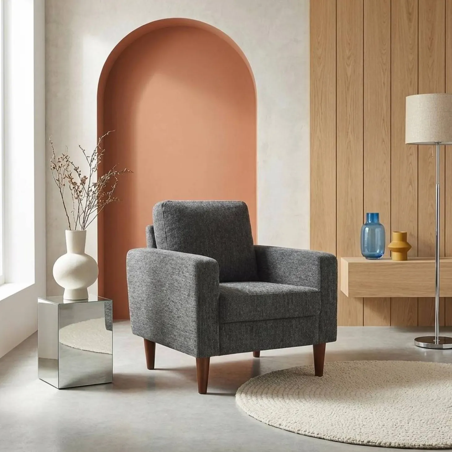 Sillón de madera de hevea y tela de chenilla