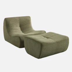 Sillón de terciopelo de pana fina con reposapiés