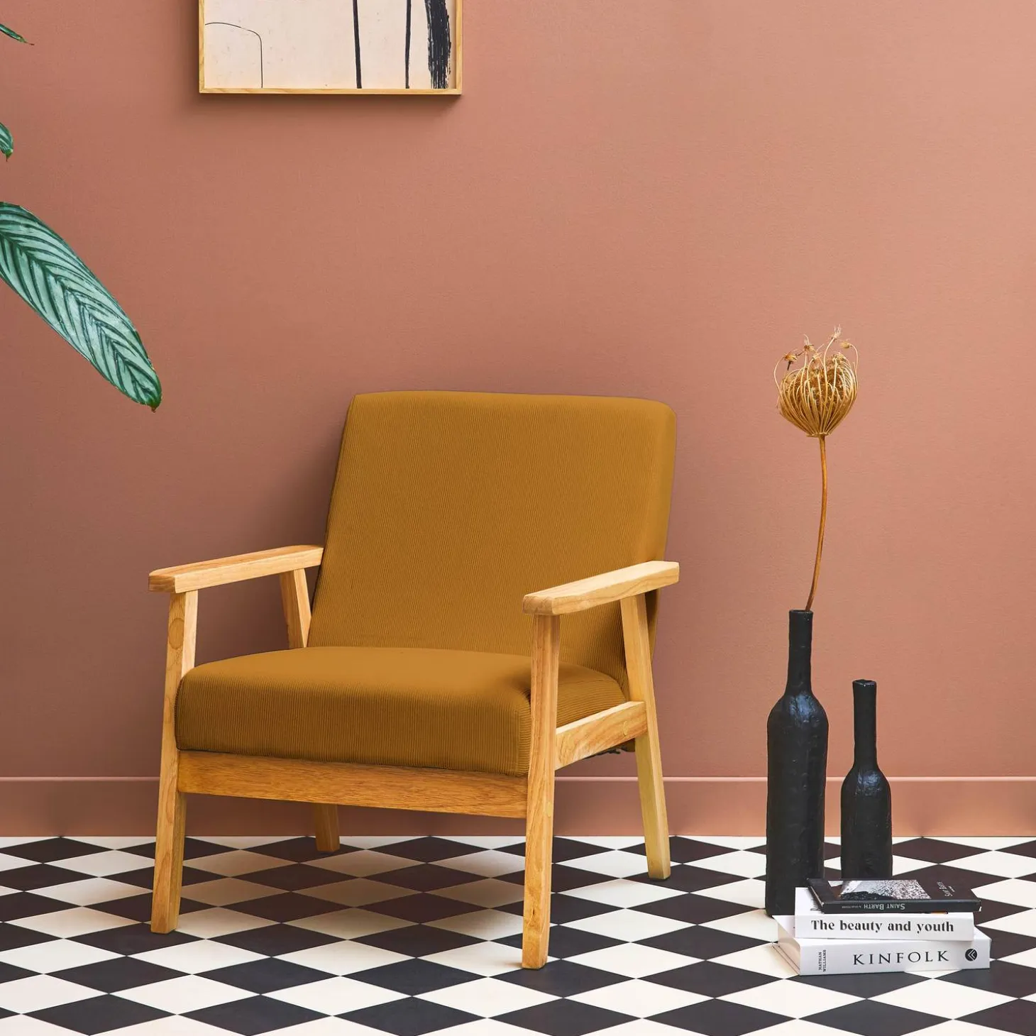Sillón escandinavo de madera y pana