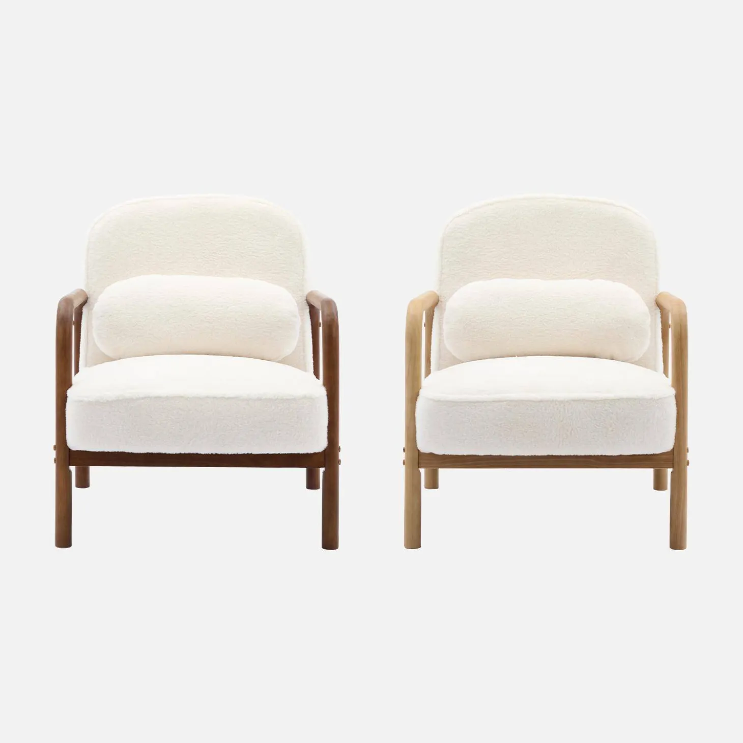 Sillón escandinavo de madera de hevea teñida y efecto pelo sintético