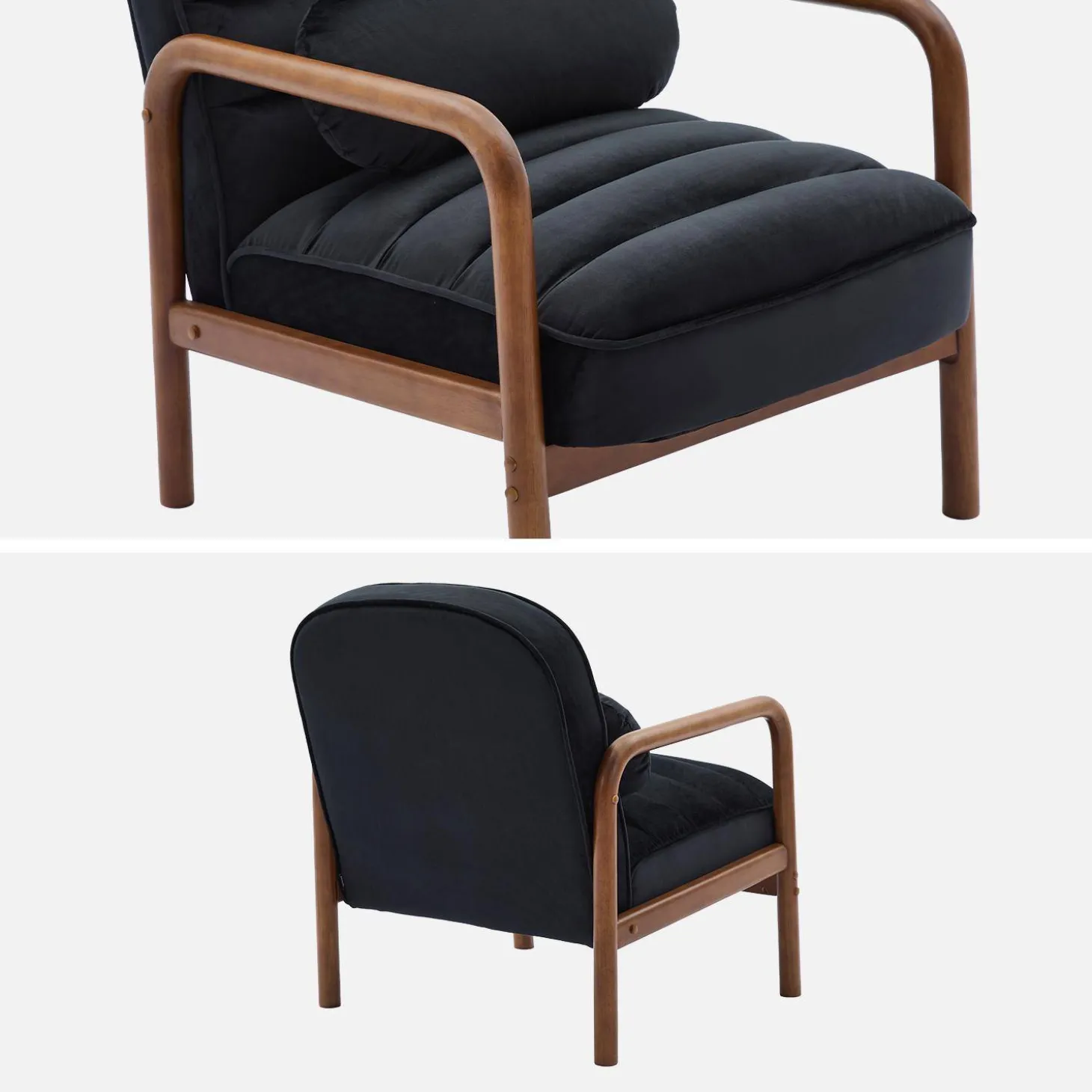 Sillón escandinavo de madera de hevea teñida de nogal y tela de terciopelo