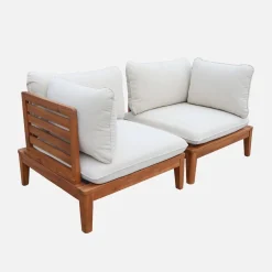 Sillón modular de jardín de madera de acacia y borreguito con reposabrazos, 2 plazas