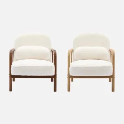 Sillón redondo escandinavo de madera de hevea y tela efecto pelo sintético