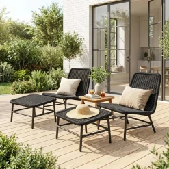 Sillón relax y reposapiés de aluminio y cuerda, set de 2