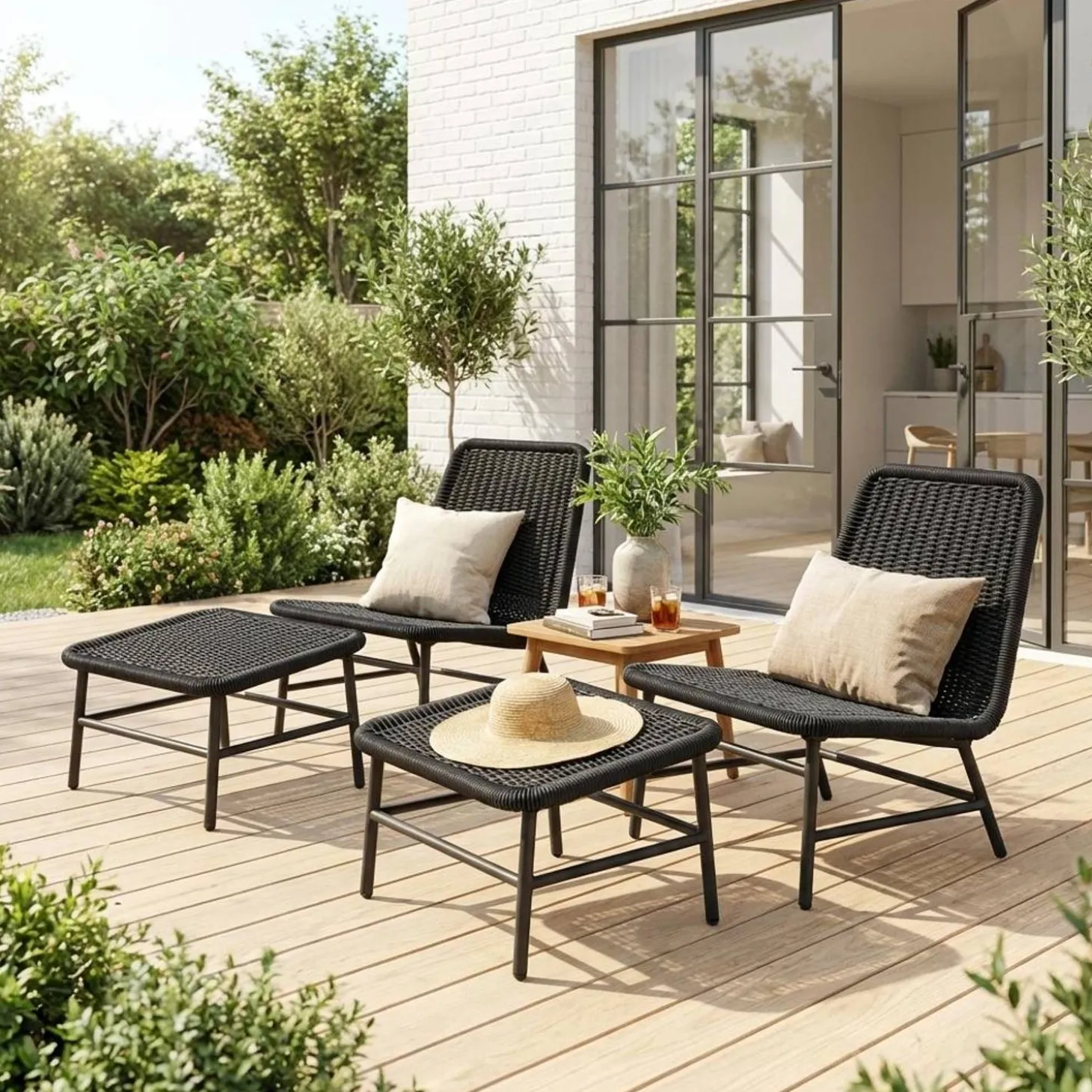 Sillón relax y reposapiés de aluminio y cuerda, set de 2