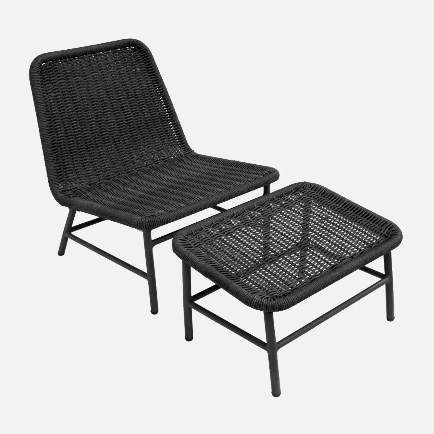 Sillón relax y reposapiés de aluminio y cuerda, set de 2