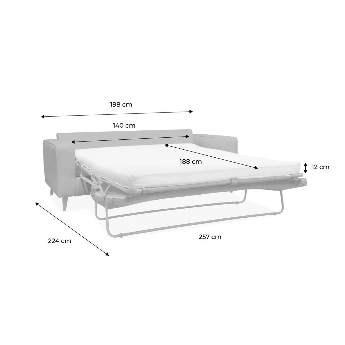 Sofá cama con colchón de 12cm, 3 plazas