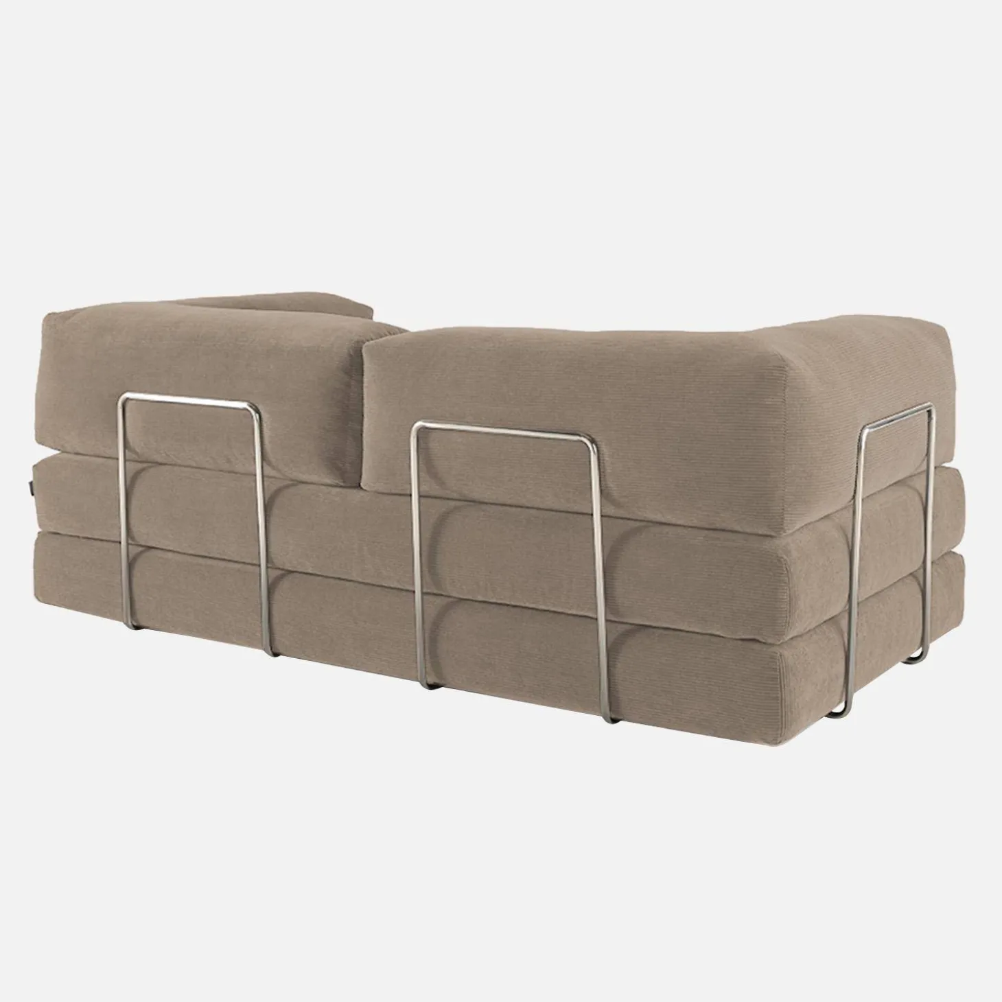 Sofá cama con futón plegable en pana y estructura cromada, 3 plazas