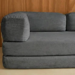 Sofá cama con futón plegable en pana y estructura cromada, 3 plazas