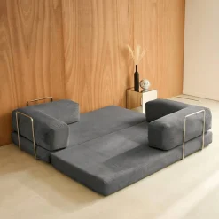 Sofá cama con futón plegable en pana y estructura cromada, 3 plazas