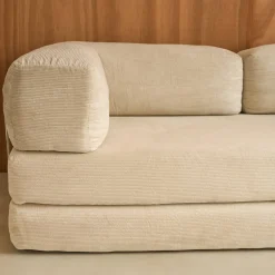 Sofá cama con futón plegable en pana y estructura cromada, 3 plazas