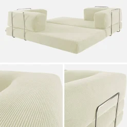 Sofá cama con futón plegable en pana y estructura cromada, 3 plazas