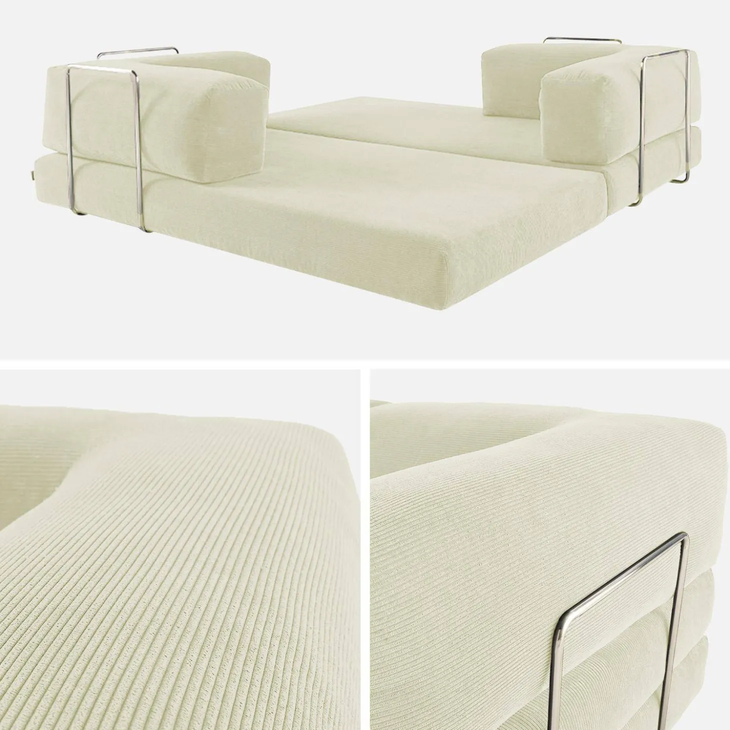 Sofá cama con futón plegable en pana y estructura cromada, 3 plazas