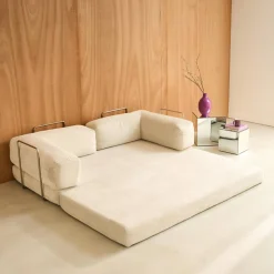 Sofá cama con futón plegable en pana y estructura cromada, 3 plazas
