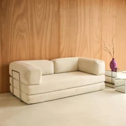 Sofá cama con futón plegable en pana y estructura cromada, 3 plazas