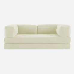 Sofá cama con futón plegable en pana y estructura cromada, 3 plazas