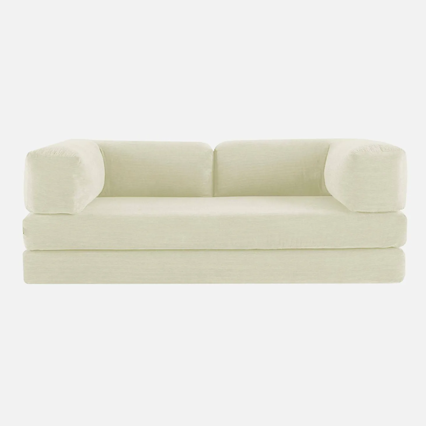 Sofá cama con futón plegable en pana y estructura cromada, 3 plazas